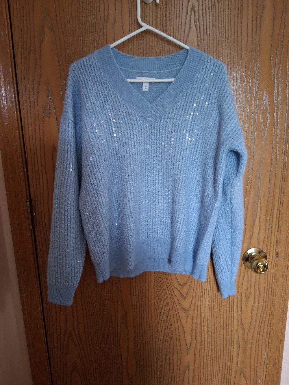 Nine West Light Blue V-Neck Sequin Knit Sweater